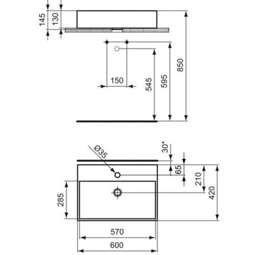LAVOAR STRADA 60X42 CU GAURA PENTRU BATERIE SI PREAPLIN, GLAZURAT PE LATURA DIN SPATE, MONTAJ PE BLAT